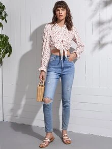 SHEIN Unity 小碎花前綁帶蝴蝶結襯衫 - 彩色 - 查看 4