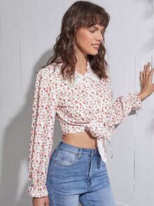 SHEIN Unity 小碎花前綁帶蝴蝶結襯衫 - 彩色 - 查看 5