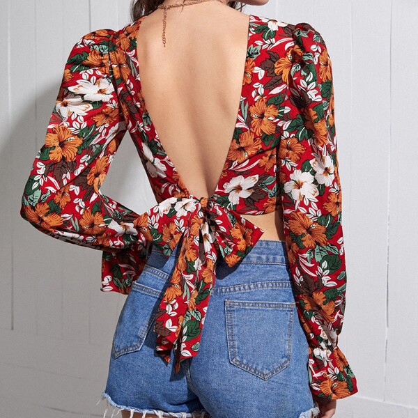 

Floral Flounce Sleeve Tie Backless Top, Multicolor