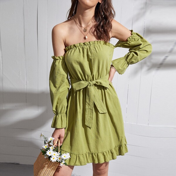 

Solid Ruffle Hem Bardot Dress, Army green