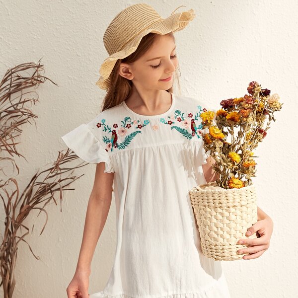 

Girls Floral Embroidered Ruffle Trim Smock Dress, White