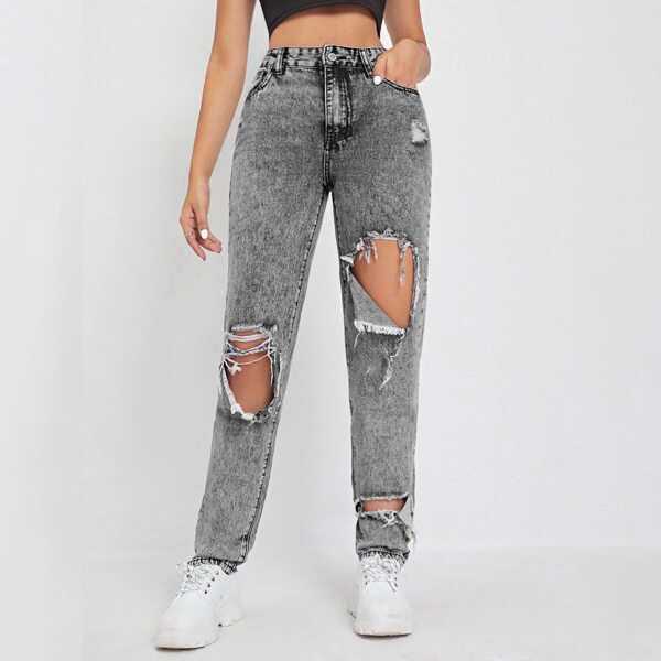 

High Waist Ripped Straight Leg Jeans, Light grey