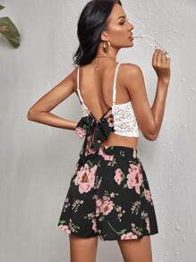 Floral Print Colorblock Cami Top & Shorts - Multicolor - View 1