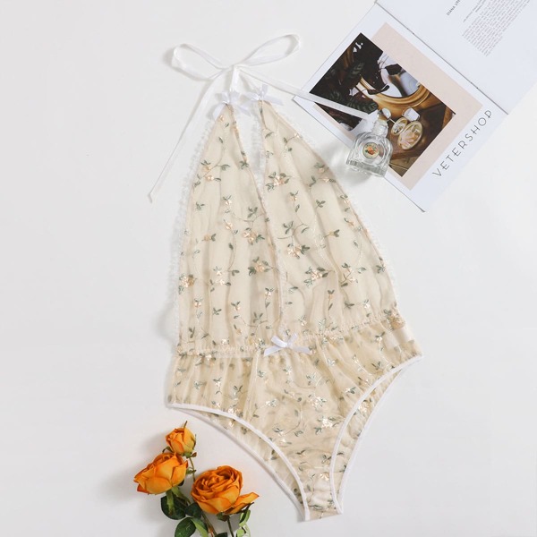 

Plus Floral Embroidered Mesh Halter Teddy Bodysuit, Apricot