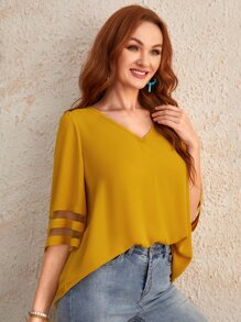 SHEIN LUNE V領薄透網紗拼接上衣 - 黃色 - 查看 4