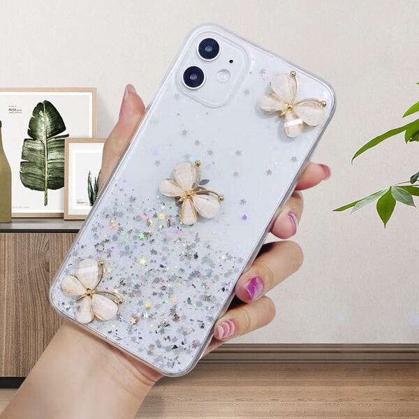 

Butterfly Decor Glitter Phone Case, White