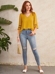 SHEIN LUNE V領薄透網紗拼接上衣 - 黃色 - 查看 5