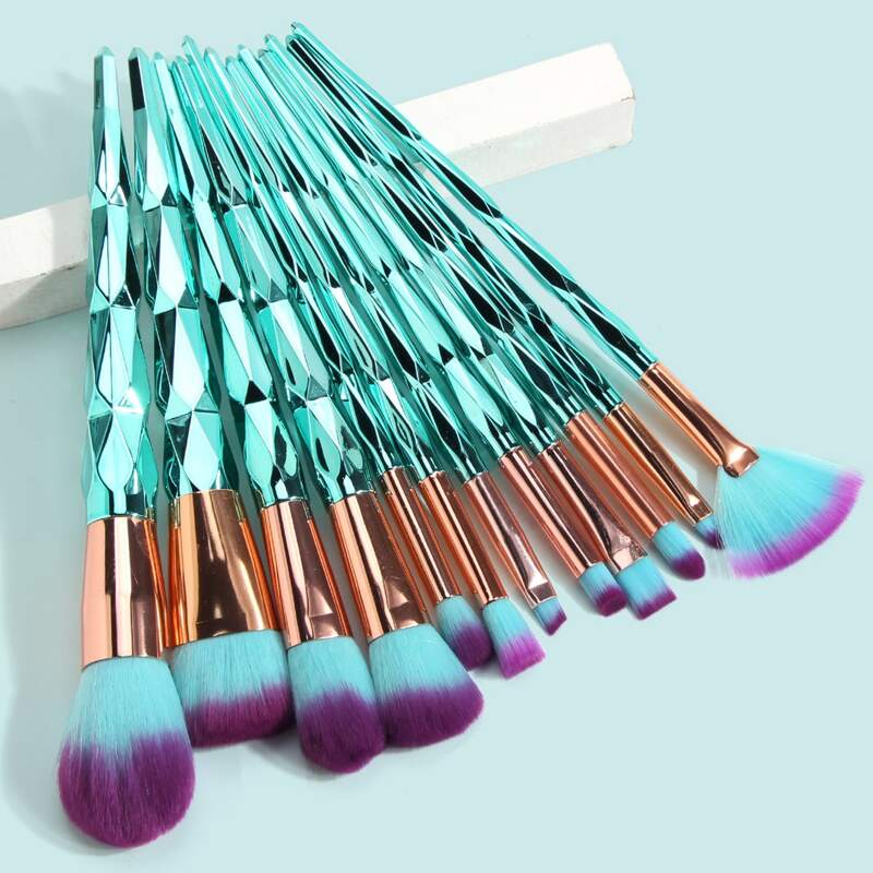 

12pcs Diamond Design Handle Makeup Brush Set, Green