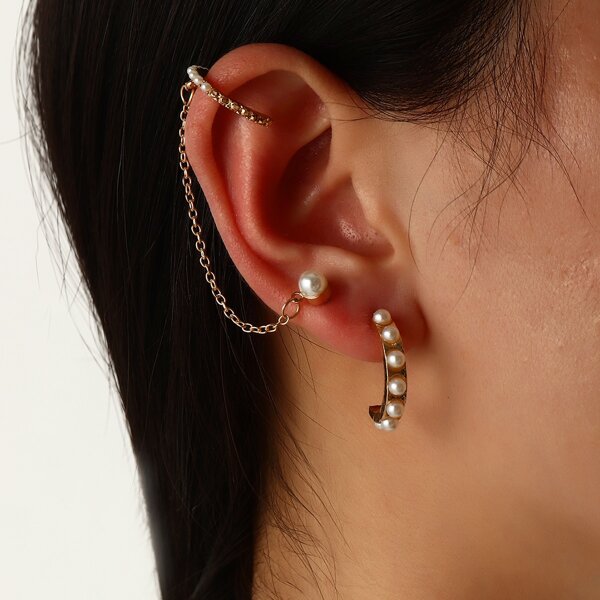 

2pcs Faux Pearl Decor Earring, Gold