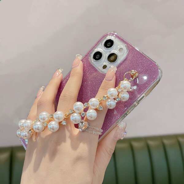 

Glitter Phone Case With Faux Pearl Hand Strap, Purple