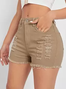 SHEIN EZwear 毛邊破洞牛仔短褲 - 卡其色 - 查看 1