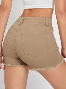 SHEIN EZwear 毛邊破洞牛仔短褲 - 卡其色 - 查看 2