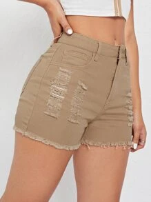 SHEIN EZwear 毛邊破洞牛仔短褲 - 卡其色 - 查看 3