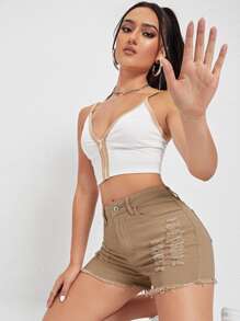 SHEIN EZwear 毛邊破洞牛仔短褲 - 卡其色 - 查看 4