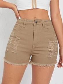 SHEIN EZwear 毛邊破洞牛仔短褲 - 卡其色 - 查看 5