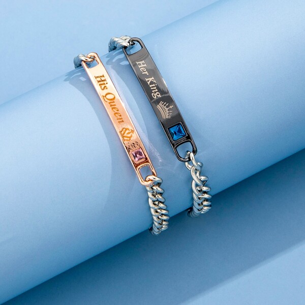

2pcs Letter Detail Link Bracelet, Multicolor