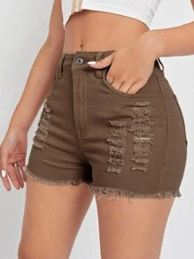 Shorts mezclilla rotos bajo crudo - Café integral - Ver 1