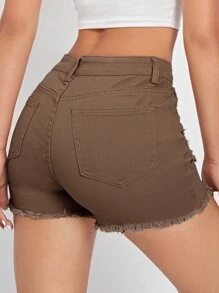 Shorts mezclilla rotos bajo crudo - Café integral - Ver 2