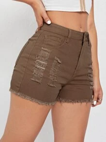 Shorts mezclilla rotos bajo crudo - Café integral - Ver 3