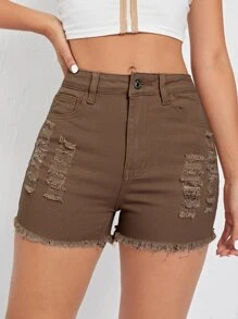 Shorts mezclilla rotos bajo crudo - Café integral - Ver 5