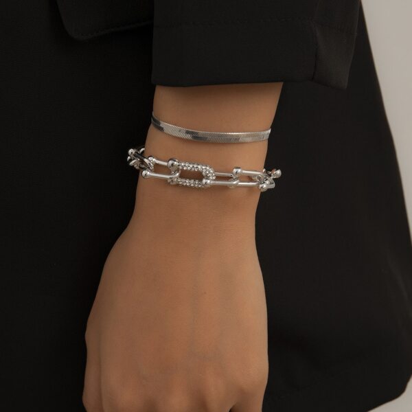 

2pcs Rhinestone Decor Link Bracelet, Silver