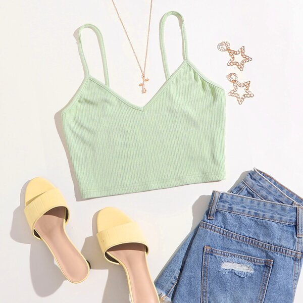 

Solid Rib-knit Cami Top, Green