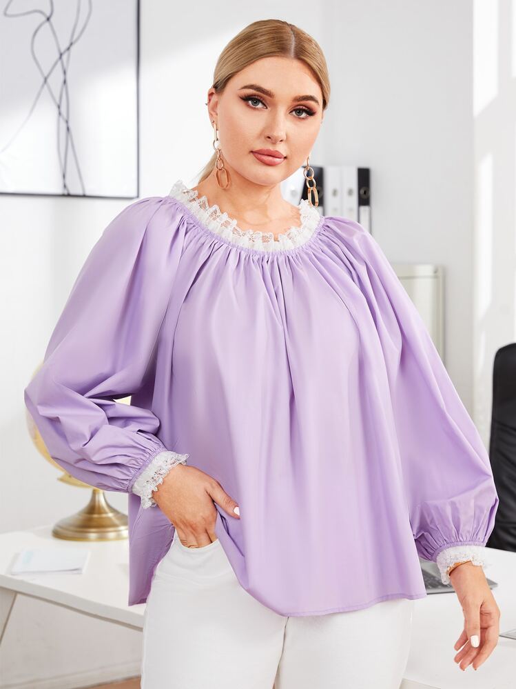 Modelyn Plus Contrast Lace Trim Lantern Sleeve Top - Lilac Purple - View 1