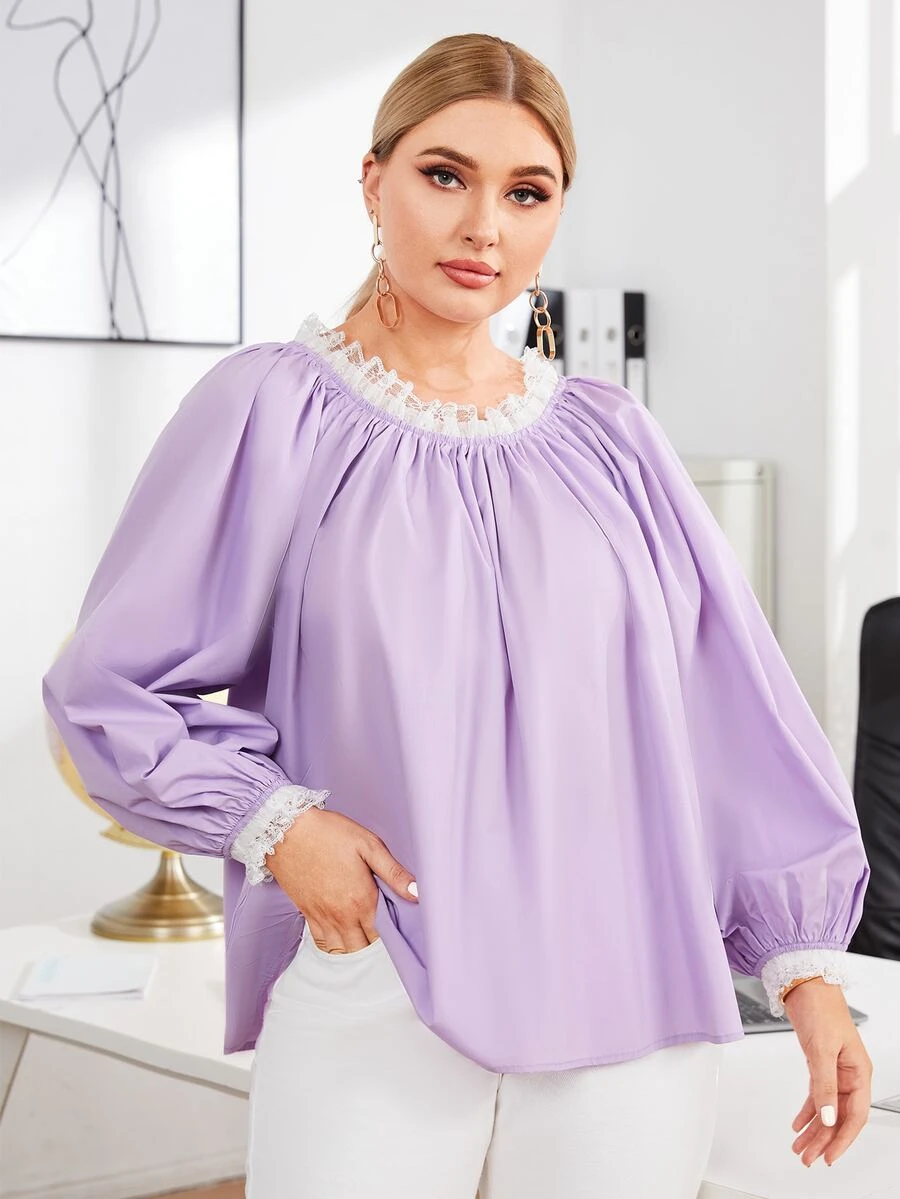 Modelyn Plus Contrast Lace Trim Lantern Sleeve Top - Lilac Purple - View 1
