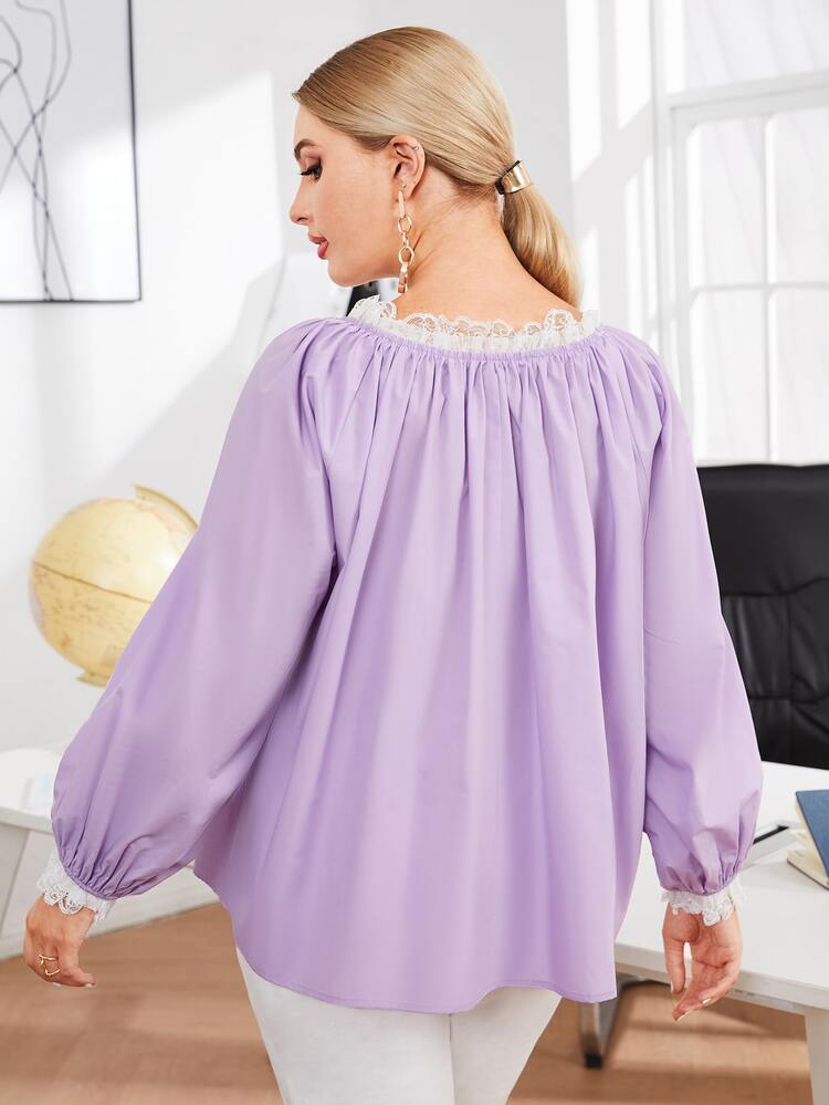 Modelyn Plus Contrast Lace Trim Lantern Sleeve Top - Lilac Purple - View 2