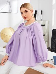 Modelyn Plus Contrast Lace Trim Lantern Sleeve Top - Lilac Purple - View 3