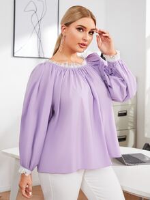 Modelyn Plus Contrast Lace Trim Lantern Sleeve Top - Lilac Purple - View 4