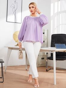 Modelyn Plus Contrast Lace Trim Lantern Sleeve Top - Lilac Purple - View 5