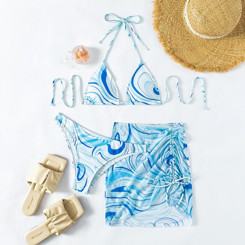 

3pack Allover Print Halter Bikini Swimsuit & Cover Up, Blue