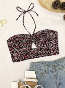 SHEIN VCAY Áo hai dây Cắt ra Họa tiết hoa Boho - màu đen - Xem 1