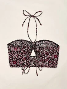 SHEIN VCAY Áo hai dây Cắt ra Họa tiết hoa Boho - màu đen - Xem 2