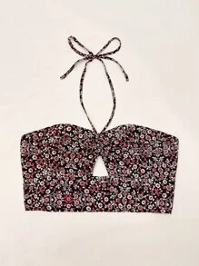 SHEIN VCAY Áo hai dây Cắt ra Họa tiết hoa Boho - màu đen - Xem 3