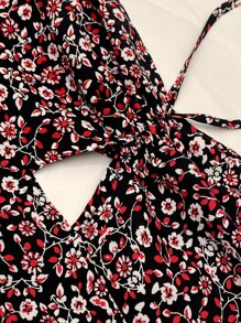 SHEIN VCAY Áo hai dây Cắt ra Họa tiết hoa Boho - màu đen - Xem 4