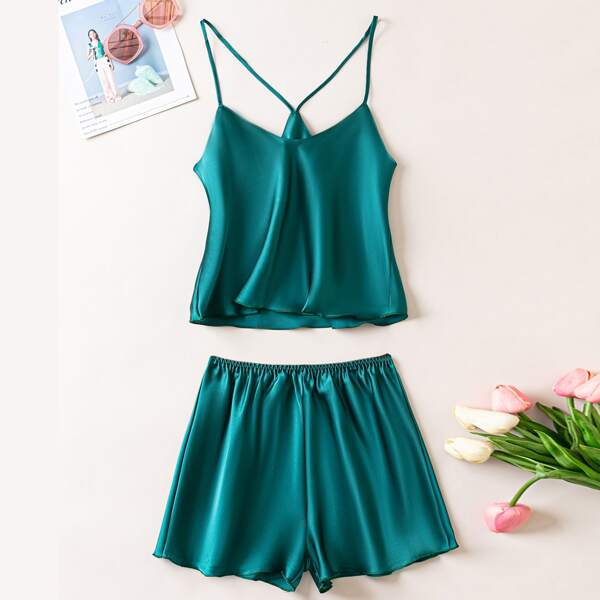 

Satin Cami Top & Shorts Night Set, Green