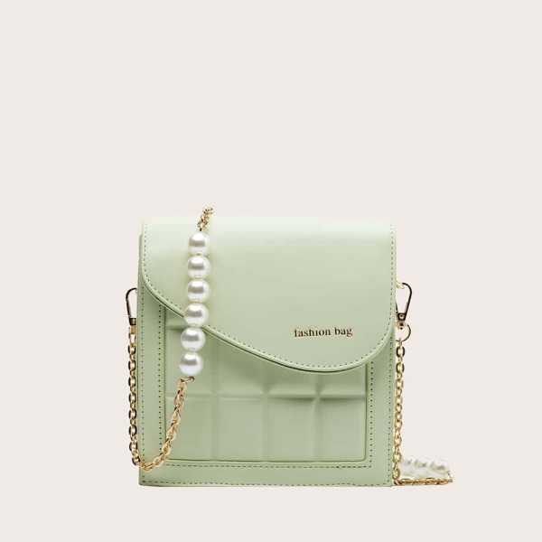 

Faux Pearl Beaded Quilted Chain Bag, Green