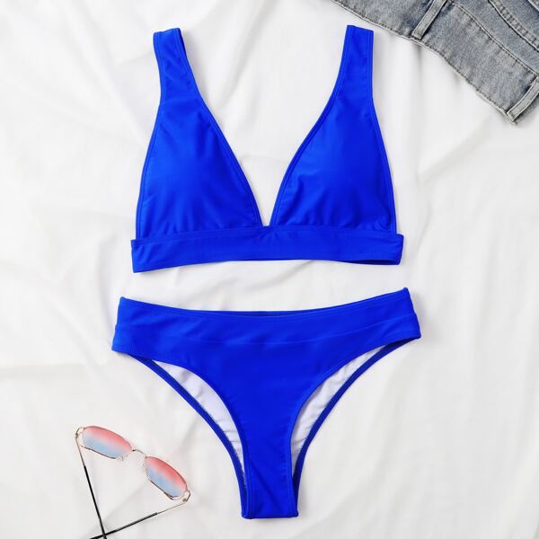 

Solid V Neck Bikini Swimsuit, Royal blue