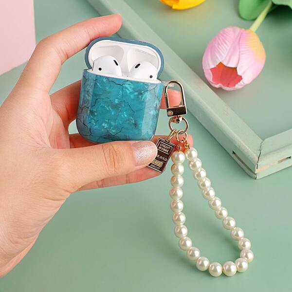 

Чехол для Airpods треснутый принтом с с ремешком из искусственного жемчуга, Синий