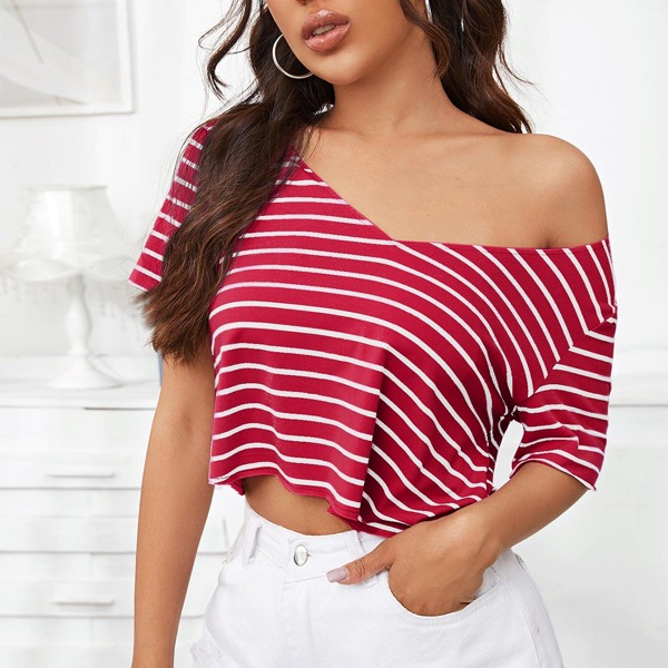 

Striped Short Sleeve Top, Red