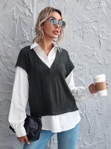 SHEIN Privé Drop Shoulder Lantern Sleeve 2 In 1 Blouse - Black and White - View 1