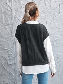SHEIN Privé Drop Shoulder Lantern Sleeve 2 In 1 Blouse - Black and White - View 2