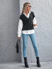 SHEIN Privé Drop Shoulder Lantern Sleeve 2 In 1 Blouse - Black and White - View 3