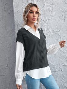 SHEIN Privé Drop Shoulder Lantern Sleeve 2 In 1 Blouse - Black and White - View 4