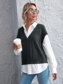 SHEIN Privé Drop Shoulder Lantern Sleeve 2 In 1 Blouse - Black and White - View 5