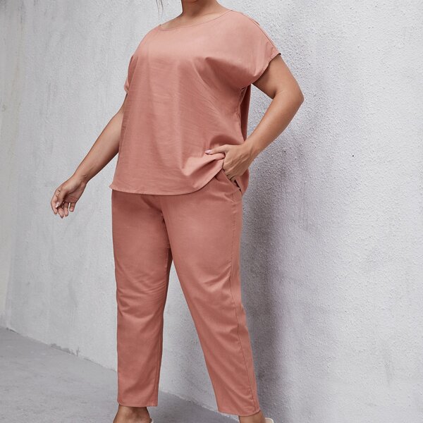 

Plus 100% COTTON Dolman Sleeve Top and Pants Set, Coral pink