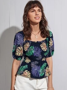 Tropical Print Shirred Peplum Blouse - Multicolor - View 1