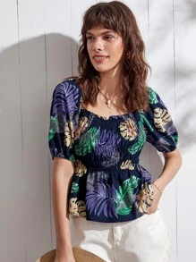 Tropical Print Shirred Peplum Blouse - Multicolor - View 5